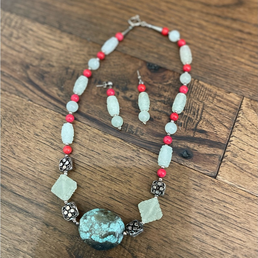 Tibetan Turquoise and Red Coral Artisan Necklace and Earring Set